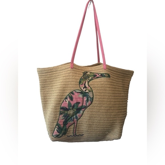 Vera Bradley Flamingo Seashore Straw Beach Bag Tote Double Handles Sz Large Boho - Picture 1 of 4